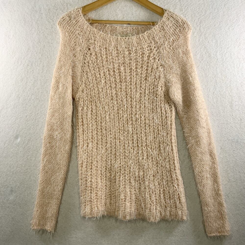 Womens Open Knit Fuzzy Sweater Sz S Pale Pink Soft Girl Balletcore Made in Italy